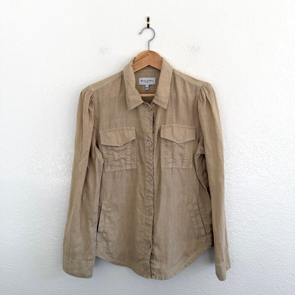 Michael Stars Jay 100% Linen Shacket Neutral Tan Utility Button Down Small